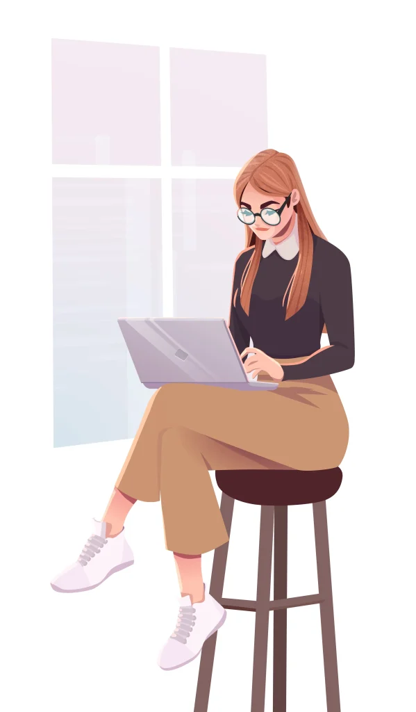 Mujer joven sentada frente a una ventana trabajando en una laptop