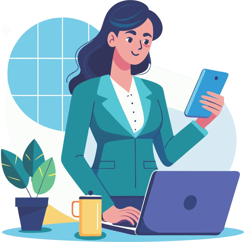 aklara factoraje comprador Mujer profesional utilizando celular y laptop para gestionar servicios digitales