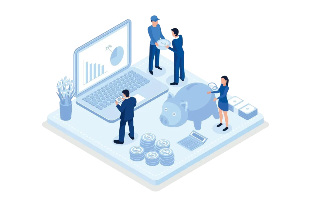 Personas analizando datos financieros junto a laptop, alcancía y monedas, representando ahorro y capital de trabajo