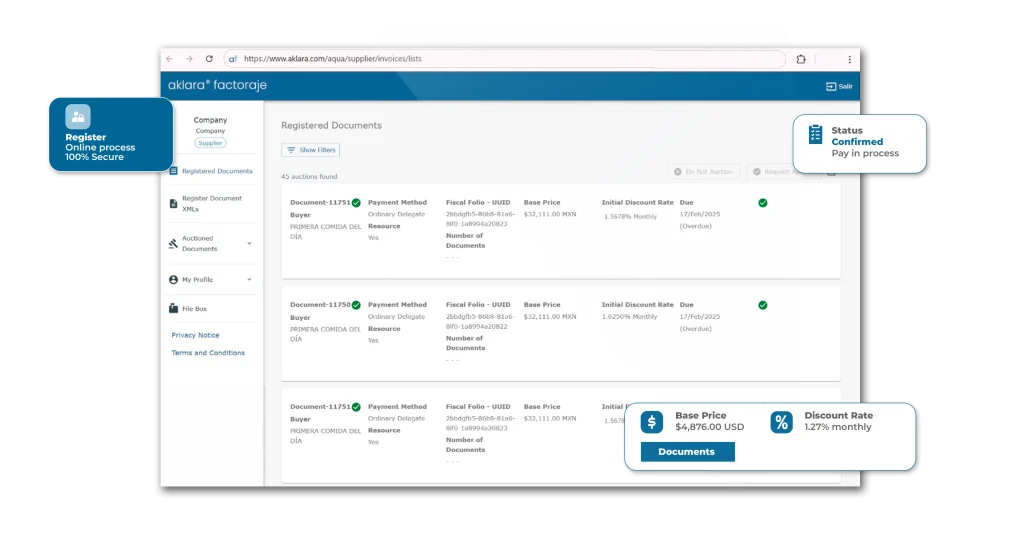 Supplier factoring platform interface showing registered invoices and discount rates